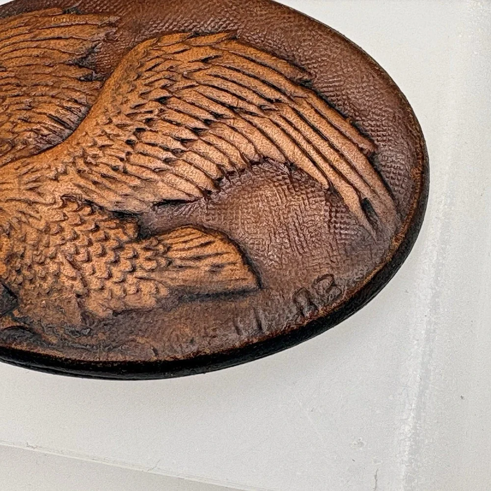 1990 Leather Eagle Belt Buckle Tooled Embossed Western Americana Vintage